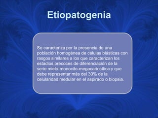 Etiopatogenia


Se caracteriza por la presencia de una
población homogénea de células blásticas con
rasgos similares a los que caracterizan los
estadios precoces de diferenciación de la
serie mielo-monocito-megacariocítica y que
debe representar más del 30% de la
celularidad medular en el aspirado o biopsia.
 