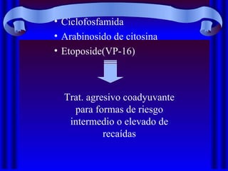 • Ciclofosfamida
• Arabinosido de citosina
• Etoposide(VP-16)
Trat. agresivo coadyuvante
para formas de riesgo
intermedio o elevado de
recaídas
 