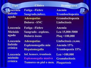 Tipo Clínica Hemograma
Leucemia
linfoide
aguda
Fatiga –Fiebre
Sangrado,infecc.
Adenopatías
Dolores –SNC
Anemia
Trombocitopenia
Granulocitopenia
Linfocitosis
Leucemia
Mieloide
aguda
Fatiga –Fiebre
Sangrado –espleno.
Dolores óseos
Anemia
Leu 15,000-5000
Plaq <100,000
Leucemia
linfoide
crónica
Adenopatías
Esplenomegalia min
Hepatomegalia
Linfocitosis (10,000)
Anemia 15%
Trombopenia 15%
Leucemia
mieloide
crónica
Inf, hemorr, trombosis
Esplenomegalia masiva
Tumores en piel o men.
Leu >100,000
Granulocitosis
Plaquetosis
 