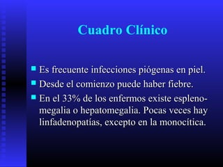 Cuadro Clínico
 Es frecuente infecciones piógenas en piel.Es frecuente infecciones piógenas en piel.
 Desde el comienzo puede haber fiebre.Desde el comienzo puede haber fiebre.
 En el 33% de los enfermos existe espleno-En el 33% de los enfermos existe espleno-
megalia o hepatomegalia. Pocas veces haymegalia o hepatomegalia. Pocas veces hay
linfadenopatías, excepto en la monocítica.linfadenopatías, excepto en la monocítica.
 
