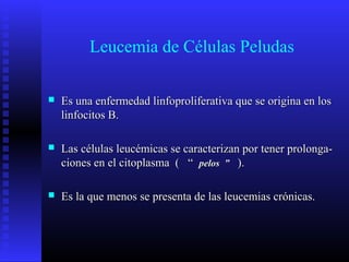 Leucemia de Células Peludas
 Es una enfermedad linfoproliferativa que se origina en losEs una enfermedad linfoproliferativa que se origina en los
linfocitos B.linfocitos B.
 Las células leucémicas se caracterizan por tener prolonga-Las células leucémicas se caracterizan por tener prolonga-
ciones en el citoplasma ( “ciones en el citoplasma ( “ pelos ”pelos ” ).).
 Es la que menos se presenta de las leucemias crónicas.Es la que menos se presenta de las leucemias crónicas.
 