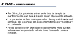 4ª FASE – MANTENIMIENTO
• Por último, los pacientes entran en la fase de terapia de
mantenimiento, que dura 2-3 años según el protocolo aplicado.
• Los pacientes reciben mercaptopurina diaria y metotrexate oral
semanal, por lo general con dosis intermitentes de vincristina y
un corticoide.
• Pocos pacientes con pronóstico especialmente malo pueden
tratarse con trasplante de médula ósea durante la primera
remisión.
 