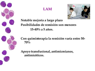 LAM Notable mejoría a largo plazo Posibilidades de remisión son menores 15-40% a 5 años. Con quimioterapia la remisión varía entre 50-70% Apoyo transfusional, antimicroianos, antimicóticos. 