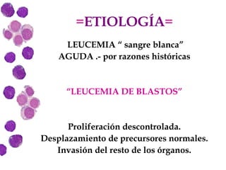 = ETIOLOGÍA = LEUCEMIA “ sangre blanca” AGUDA .- por razones históricas “ LEUCEMIA DE BLASTOS” Proliferación descontrolada. Desplazamiento de precursores normales. Invasión del resto de los órganos. 