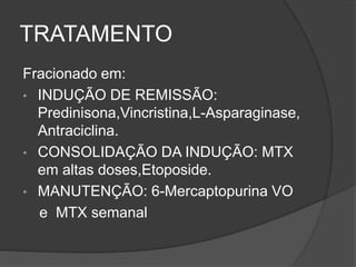 TRATAMENTO 
Fracionado em: 
• INDUÇÃO DE REMISSÃO: 
Predinisona,Vincristina,L-Asparaginase, 
Antraciclina. 
• CONSOLIDAÇÃO DA INDUÇÃO: MTX 
em altas doses,Etoposide. 
• MANUTENÇÃO: 6-Mercaptopurina VO 
e MTX semanal 
 