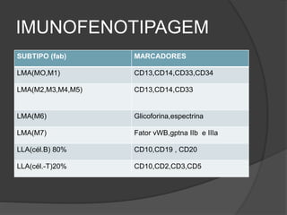 IMUNOFENOTIPAGEM 
SUBTIPO (fab) MARCADORES 
LMA(MO,M1) CD13,CD14,CD33,CD34 
LMA(M2,M3,M4,M5) CD13,CD14,CD33 
LMA(M6) Glicoforina,espectrina 
LMA(M7) Fator vWB,gptna IIb e IIIa 
LLA(cél.B) 80% CD10,CD19 , CD20 
LLA(cél.-T)20% CD10,CD2,CD3,CD5 
 