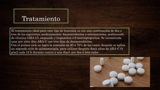 Tratamiento
El tratamiento ideal para este tipo de leucemia es con una combinación de dos o
tres de los siguientes medicamentos: daunorrubicina o mitoxantrona, arabinosido
de citosina (ARA-C), etoposido y tioguanina o 6-mercaptopurina. Se recomienda
usar por siete días ARA-C con tres días de daunorrubicina.
Con el primer ciclo se logra la remisión en 60 a 75% de los casos; después se aplica
un segundo ciclo de quimioterapia, para utilizar después dosis altas de ARA-C (3
g/m2 cada 12 h durante cuatro a seis días), por dos a tres ciclos
 