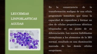 LEUCEMIAS
LINFOBLASTICAS
AGUDAS
Es la consecuencia de la
transformación maligna de una célula
progenitora inmadura que tiene la
capacidad de expandirse y formar un
clon de células progenitoras idénticas
bloqueadas en un punto de su
diferenciación. Los nuevos linfoblastos
reemplazan a los elementos de la MO
normal, resultado en una disminución
marcada de las demás células
sanguíneas.
 