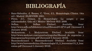  Sans-Sabrafen, J, Besses, C, Vives, J.L. Hematología Clínica. (4ta
ed.). Madrid: ELSEVIER; 2001.
 Pérez, J.C, Gómez, D. Hematología: La sangre y sus
enfermedades. (2da ed.). México: McGraw Hill; 2009.
 Sefhes. 1. Sefhes. [Online]. Available from:
http://www.sefh.es/bibliotecavirtual/fhtomo2/CAP10.pdf [Accessed 5
January 2016].
 Medynetcom. 1. Medynetcom. [Online]. Available from:
http://www.medynet.com/usuarios/jraguilar/Manual de urgencias y
Emergencias/leucemia.pdf [Accessed 5 January 2016].
 Basesmedicinacl. 1. Basesmedicinacl. [Online]. Available from:
http://www.basesmedicina.cl/hematologia/15_5_leucemias/15_5_leuc
emias.pdf [Accessed 5 January 2016].
 