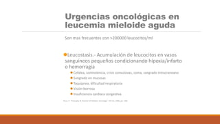 Urgencias oncológicas en
leucemia mieloide aguda
Son mas frecuentes con >200000 leucocitos/ml
Leucostasis.- Acumulación de leucocitos en vasos
sanguíneos pequeños condicionando hipoxia/infarto
o hemorragia
 Cefalea, somnolencia, crisis convulsivas, coma, sangrado intracraneano
 Sangrado en mucosas
 Taquipnea, dificultad respiratoria
 Visión borrosa
 Insuficiencia cardiaca congestiva
Pizzo, P. “Principles & Practice of Pediatric Oncology”, 5th Ed., 2005, pp.: 606
 