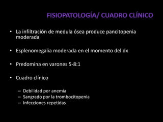 • La infiltración de medula ósea produce pancitopenia
  moderada

• Esplenomegalia moderada en el momento del dx

• Predomina en varones 5-8:1

• Cuadro clínico

   – Debilidad por anemia
   – Sangrado por la trombocitopenia
   – Infecciones repetidas
 
