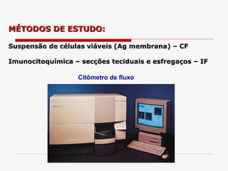 MÉTODOS DE ESTUDO:

Suspensão de células viáveis (Ag membrana) – CF

Imunocitoquímica – secções teciduais e esfregaços – IF

                  Citômetro de fluxo
 