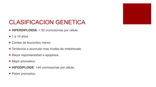 CLASIFICACION GENETICA
 HIPERDIPLOIDIA: > 50 cromosomas por célula.
 1 a 10 años
 Conteo de leucocitos menor.
 Tendencia a acumular mas niveles de metotrexate.
 Mayor espontaneidad a apoptosis.
 Mejor pronostico.
 HIPODIPLOIDE: <44 cromosomas por célula.
 Pobre pronostico.
 
