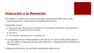 Inducción a la Remisión
 El objetivo es inducir una remisión completa, eliminando el 99% de la carga
leucémica inicial y restaurando la hematopoyesis normal
 Esta fase incluye:
 Glucocorticoide: Dexametasona (6-8mg/m2) o prednisolona (60mg/m2). Dexametasona >
infecciónes severas durante la inducción
 Vincristina
 Tercer agente: Antraciclina y/o L-asparaginasa
 La Asparaginasa es indispensable en el tto de la LLA, pero la fase optima para su
uso es incierta: Grupos que la usan post inducción < complicaciones trombóticas e
hiperglicemia.
 Ninguna antraciclina ha mostrado superioridad sobre la otra
 