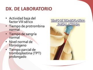 DX. DE LABORATORIO
• Actividad baja del
factorVIII sérico
• Tiempo de protrombina
normal
• Tiempo de sangría
normal
• Nivel normal de
fibrinógeno
• Tiempo parcial de
tromboplastina (TPT)
prolongado
 