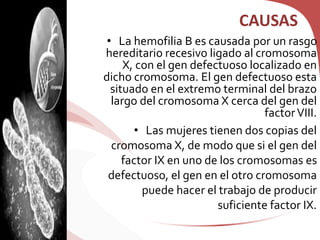 CAUSAS
• La hemofilia B es causada por un rasgo
hereditario recesivo ligado al cromosoma
X, con el gen defectuoso localizado en
dicho cromosoma. El gen defectuoso esta
situado en el extremo terminal del brazo
largo del cromosoma X cerca del gen del
factorVIII.
• Las mujeres tienen dos copias del
cromosoma X, de modo que si el gen del
factor IX en uno de los cromosomas es
defectuoso, el gen en el otro cromosoma
puede hacer el trabajo de producir
suficiente factor IX.
 