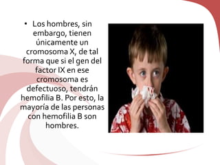 • Los hombres, sin
embargo, tienen
únicamente un
cromosoma X, de tal
forma que si el gen del
factor IX en ese
cromosoma es
defectuoso, tendrán
hemofilia B. Por esto, la
mayoría de las personas
con hemofilia B son
hombres.
 