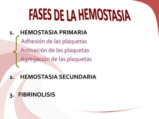 1. HEMOSTASIA PRIMARIA
Adhesión de las plaquetas
Activación de las plaquetas
Agregación de las plaquetas
2. HEMOSTASIA SECUNDARIA
3. FIBRINOLISIS
 