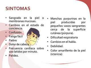 SINTOMAS
• Sangrado en la piel o
membranas mucosas.
• Cambios en el estado de
conciencia.
• Confusión
• Fatiga fácil
• Fiebre
• Dolor de cabeza
• Frecuencia cardíaca sobre
100 latidos por minuto.
• Palidez.
• Manchas purpurinas en la
piel producidas por
pequeños vasos sangrantes
cerca de la superficie
cutánea (púrpura).
• Dificultad respiratoria
• Cambios en el habla.
• Debilidad.
• Color amarillento de la piel
(ictericia)
 