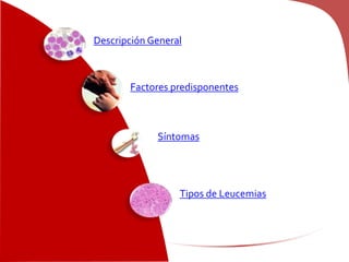 Descripción General
Factores predisponentes
Síntomas
Tipos de Leucemias
 