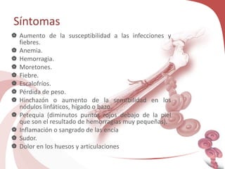 Síntomas
 Aumento de la susceptibilidad a las infecciones y
fiebres.
 Anemia.
 Hemorragia.
 Moretones.
 Fiebre.
 Escalofríos.
 Pérdida de peso.
 Hinchazón o aumento de la sensibilidad en los
nódulos linfáticos, hígado o bazo.
 Petequia (diminutos puntos rojos debajo de la piel
que son el resultado de hemorragias muy pequeñas).
 Inflamación o sangrado de las encía
 Sudor.
 Dolor en los huesos y articulaciones
 