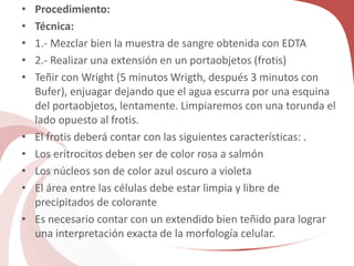 • Procedimiento:
• Técnica:
• 1.- Mezclar bien la muestra de sangre obtenida con EDTA
• 2.- Realizar una extensión en un portaobjetos (frotis)
• Teñir con Wright (5 minutos Wrigth, después 3 minutos con
Bufer), enjuagar dejando que el agua escurra por una esquina
del portaobjetos, lentamente. Limpiaremos con una torunda el
lado opuesto al frotis.
• El frotis deberá contar con las siguientes características: .
• Los eritrocitos deben ser de color rosa a salmón
• Los núcleos son de color azul oscuro a violeta
• El área entre las células debe estar limpia y libre de
precipitados de colorante
• Es necesario contar con un extendido bien teñido para lograr
una interpretación exacta de la morfología celular.
 