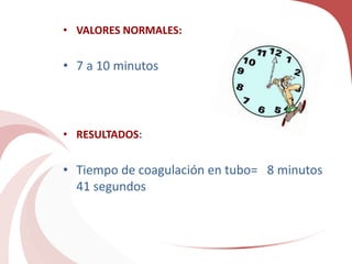 • VALORES NORMALES:
• 7 a 10 minutos
• RESULTADOS:
• Tiempo de coagulación en tubo= 8 minutos
41 segundos
 