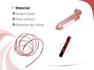 • Material:
Sangre total
Tubo cónico.
Alambre de cobre.
 