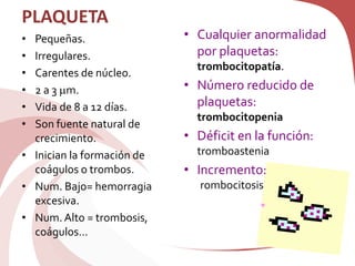 PLAQUETA
• Pequeñas.
• Irregulares.
• Carentes de núcleo.
• 2 a 3 m.
• Vida de 8 a 12 días.
• Son fuente natural de
crecimiento.
• Inician la formación de
coágulos o trombos.
• Num. Bajo= hemorragia
excesiva.
• Num. Alto = trombosis,
coágulos…
• Cualquier anormalidad
por plaquetas:
trombocitopatía.
• Número reducido de
plaquetas:
trombocitopenia
• Déficit en la función:
tromboastenia
• Incremento:
trombocitosis
 