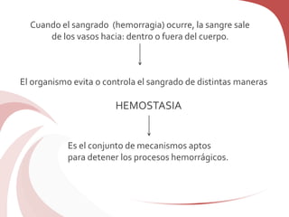 Cuando el sangrado (hemorragia) ocurre, la sangre sale
de los vasos hacia: dentro o fuera del cuerpo.
El organismo evita o controla el sangrado de distintas maneras
HEMOSTASIA
Es el conjunto de mecanismos aptos
para detener los procesos hemorrágicos.
 