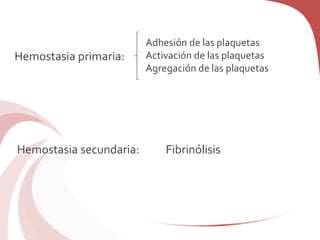 Hemostasia primaria:
Adhesión de las plaquetas
Activación de las plaquetas
Agregación de las plaquetas
Hemostasia secundaria: Fibrinólisis
 