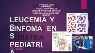 A
UNIVERSIDAD DE
GUAYAQUIL
FACULTAD DE CIENCIAS
MEDICAS INTERNADO ROTATIVO
HOSP. PEDIATRICO ROBERTO
GILBERT
LEUCEMIA
S
Y
LINFOMA
S
PEDIATRI
EN
TUTOR: DRA.
GUILLERMIN
YONG
 