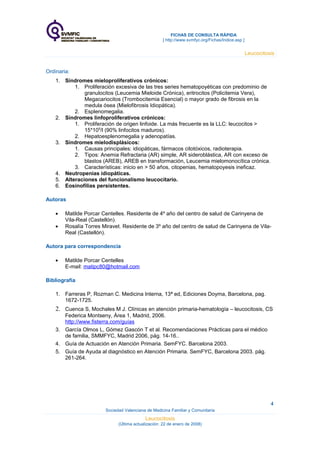 FICHAS DE CONSULTA RÁPIDA
[ http://www.svmfyc.org/Fichas/Indice.asp ]
Leucocitosis
Ordinaria:
1. Síndromes mieloproliferativos crónicos:
1. Proliferación excesiva de las tres series hematopoyéticas con predominio de
granulocitos (Leucemia Mieloide Crónica), eritrocitos (Policitemia Vera),
Megacariocitos (Trombocitemia Esencial) o mayor grado de fibrosis en la
medula ósea (Mielofibrosis Idiopática).
2. Esplenomegalia.
2. Síndromes linfoproliferativos crónicos:
1. Proliferación de origen linfoide. La más frecuente es la LLC: leucocitos >
15*109
/l (90% linfocitos maduros).
2. Hepatoesplenomegalia y adenopatías.
3. Síndromes mielodisplásicos:
1. Causas principales: idiopáticas, fármacos citotóxicos, radioterapia.
2. Tipos: Anemia Refractaria (AR) simple, AR sideroblástica, AR con exceso de
blastos (AREB), AREB en transformación, Leucemia mielomonocítica crónica.
3. Características: inicio en > 50 años, citopenias, hematopoyesis ineficaz.
4. Neutropenias idiopáticas.
5. Alteraciones del funcionalismo leucocitario.
6. Eosinofilias persistentes.
Autoras
• Matilde Porcar Centelles. Residente de 4º año del centro de salud de Carinyena de
Vila-Real (Castellón).
• Rosalía Torres Miravet. Residente de 3º año del centro de salud de Carinyena de Vila-
Real (Castellón).
Autora para correspondencia
• Matilde Porcar Centelles
E-mail: matipc80@hotmail.com
Bibliografía
1. Farreras P, Rozman C. Medicina Interna, 13ª ed, Ediciones Doyma, Barcelona, pag.
1672-1725.
2. Cuenca S, Mochales M J. Clínicas en atención primaria-hematología – leucocitosis, CS
Federica Montseny, Área 1, Madrid, 2006.
http://www.fisterra.com/guías
3. García Olmos L, Gómez Gascón T et al. Recomendaciones Prácticas para el médico
de familia, SMMFYC, Madrid 2006, pág. 14-16..
4. Guía de Actuación en Atención Primaria. SemFYC. Barcelona 2003.
5. Guía de Ayuda al diagnóstico en Atención Primaria. SemFYC, Barcelona 2003. pág.
261-264.
Sociedad Valenciana de Medicina Familiar y Comunitaria
Leucocitosis
(Última actualización: 22 de enero de 2008)
4
 