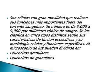 




Son células con gran movilidad que realizan
sus funciones más importantes fuera del
torrente sanguíneo. Su número ...