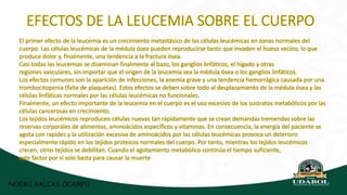 EFECTOS DE LA LEUCEMIA SOBRE EL CUERPO
El primer efecto de la leucemia es un crecimiento metastásico de las células leucémicas en zonas normales del
cuerpo. Las células leucémicas de la médula ósea pueden reproducirse tanto que invaden el hueso vecino, lo que
produce dolor y, finalmente, una tendencia a la fractura ósea.
Casi todas las leucemias se diseminan finalmente al bazo, los ganglios linfáticos, el hígado y otras
regiones vasculares, sin importar que el origen de la leucemia sea la médula ósea o los ganglios linfáticos.
Los efectos comunes son la aparición de infecciones, la anemia grave y una tendencia hemorrágica causada por una
trombocitopenia (falta de plaquetas). Estos efectos se deben sobre todo al desplazamiento de la médula ósea y las
células linfáticas normales por las células leucémicas no funcionales.
Finalmente, un efecto importante de la leucemia en el cuerpo es el uso excesivo de los sustratos metabólicos por las
células cancerosas en crecimiento.
Los tejidos leucémicos reproducen células nuevas tan rápidamente que se crean demandas tremendas sobre las
reservas corporales de alimentos, aminoácidos específicos y vitaminas. En consecuencia, la energía del paciente se
agota con rapidez y la utilización excesiva de aminoácidos por las células leucémicas provoca un deterioro
especialmente rápido en los tejidos proteicos normales del cuerpo. Por tanto, mientras los tejidos leucémicos
crecen, otros tejidos se debilitan. Cuando el agotamiento metabólico continúa el tiempo suficiente,
este factor por sí solo basta para causar la muerte
NOEMI BALCAS OCAMPO
 