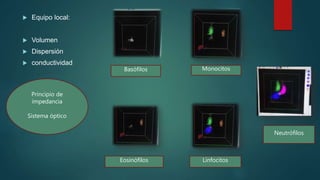  Equipo local:
 Volumen
 Dispersión
 conductividad
Principio de
impedancia
Sistema óptico
Eosinófilos
MonocitosBasófilos
Linfocitos
Neutrófilos
 