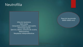 Neutrofilia
Infección bacteriana
Daño tisular
Cetoacidosis diabética, pancreatitis
Hemorragia aguda
Ejercicio, tabaco, consumo de cocaína.
Medicamentos
Neoplasias mieloproliferativas
Reacción leucemoide
30000-50000 mm3
Williams Hematology, 9e
Kenneth Kaushansky, Marshall A. Lichtman, Josef T. Prchal, Marcel M. Levi, Oliver W. Press,
Michael Caligiuri
 