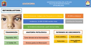 UNIVERSIDAD NACIONALDEL ALTIPLANO
FACULTAD DE MEDICINA HUMANA
OFTALMOLOGIA
RETINOBLASTOMA
Tumor intraocular maligno más frecuente en la infancia.
Incidencia: 15.000-20.000 nacidos vivos
Su incidencia desciende a partir de los 4 años
20-30% es bilateral
TRANSMISIÓN ANATOMÍA PATOLÓGICA
Esporádica: 94%
H. Familiar: 6%
Tumor derivado de los fotorreceptores.
Diversos grados de diferenciación
PATRONES DE CRECIMIENTO
Forma endofítica Forma exofítica
Forma mixta
Forma infiltrante
difusa
Calcificación frecuente
 