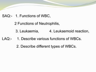 SAQ:- 1. Functions of WBC,
2 Functions of Neutrophilis,
3. Leukaemia, 4. Leukaemoid reaction,
LAQ:- 1. Describe various functions of WBCs.
2. Describe different types of WBCs.
 
