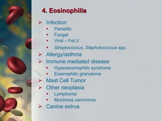 4. Eosinophilia
 Infection
 Parasitic
 Fungal
 Viral – FeLV
 Streptococcus, Staphylococcus spp.
 Allergy/asthma
 Immune mediated disease
 Hypereosinophilic syndrome
 Eosinophilic granuloma
 Mast Cell Tumor
 Other neoplasia
 Lymphoma
 Mucinous carcinoma
 Canine estrus
 