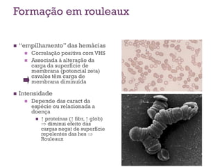 Formação em rouleaux

   “empilhamento” das hemácias
        Correlação positiva com VHS
        Associada à alteração da
         carga da superfície de
         membrana (potencial zeta)
         cavalos têm carga de
         membrana diminuída

   Intensidade
        Depende das caract da
         espécie ou relacionada a
         doença
             ↑ proteínas (↑ fibr, ↑ glob)
               diminui efeito das
              cargas negat de superfície
              repelentes das hes 
              Rouleaux
 