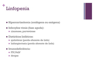 +
    Linfopenia

       Hipercortisolemia (endógena ou exógena)

       Infecções virais (fase aguda):
           cinomose, parvovirose

       Distúrbios linfáticos:
           quilotórax (perda eferente de linfa)
           linfangiectasia (perda aferente de linfa)

       Imunodeficiência:
           FIV, FeLV
           drogas
 