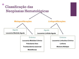 +
    Classificação das
    Neoplasias Hematológicas

              Mieloproliferações                           Linfoproliferações



            Aguda                                     Aguda
    Leucemia Mielóide Aguda                   Leucemia Linfóide Aguda

                                 Crônica                                   Crônica
                        Leucemia Mielóide Crônica               Leucemia Linfocítica Crônica
                              Policitemia Vera                              Linfoma
                         Trombocitemia essencial                        Mieloma Múltiplo
                               Mielofibrose
 