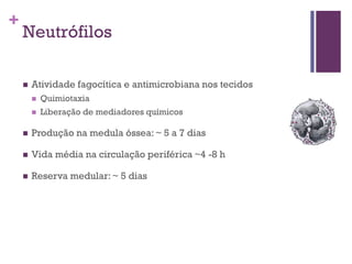 +
    Neutrófilos

       Atividade fagocítica e antimicrobiana nos tecidos
           Quimiotaxia
           Liberação de mediadores químicos

       Produção na medula óssea: ~ 5 a 7 dias

       Vida média na circulação periférica ~4 -8 h

       Reserva medular: ~ 5 dias
 