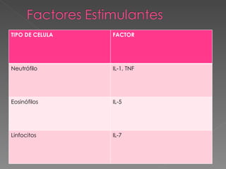TIPO DE CELULA FACTOR Neutrófilo IL-1, TNF Eosinófilos IL-5 Linfocitos IL-7 