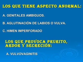 LOS QUE TIENE ASPECTO ANORMAL: A. GENITALES AMBIGUOS. B. AGLUTINACIÓN DE LABIOS O VULVA. C. HIMEN IMPERFORADO Los que provoca prurito, ardor y secreción:   A. VULVOVAGINITIS  