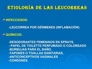 ETIOLOGÍA DE LAS LEUCORREAS INFECCIOSOS:  -LEUCORREA POR GÉRMENES (INFLAMACIÓN) QUÍMICOS:  -DESODORANTES FEMENINOS EN SPRAYS, - PAPEL DE TOILETTE PERFUMADO O COLOREADO -BURBUJAS PARA EL BAÑO, -TAPONES O TOALLAS SANITARIAS,  -ANTICONCEPTIVOS VAGINALES  -CONDONES. 