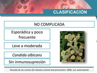 CLASIFICACIÓN
NO COMPLICADA
Esporádica y poco
frecuente
Leve a moderada
Candida albicans
Sin inmunosupresión
Tomado de los centers for disease control and prevention, 2006, con autorización
 