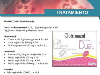 TRATAMIENTO
FÁRMACOS INTRAVAGINALES
Crema de butoconazol a 2%, 5 g intravaginales x 3 d
5 g (liberación prolongada) dosis única
Clotrimazol
• Crema a 1%, 5 g intravaginales x 7 -14 d
• 1 tabl vaginal de 100 mg x 7 d
• Tabls vaginales de 100 mg, 2 tabls x 3 d
Miconazol
• Crema a 2%, 5 mg intravaginales x 7 d
• Ovulo vaginal de 100 mg x 7 d
• Ovulo vaginal de 200 mg , x 3 d
• Ovulo vaginal de 1200 mg , 1 sola dosis
Nistatina
• Tabl vaginal de 100000 U x 14 d
 