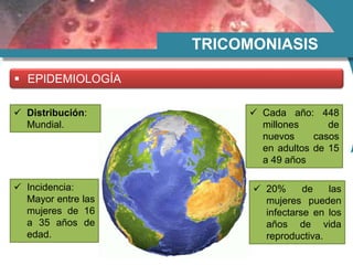 TRICOMONIASIS
 EPIDEMIOLOGÍA
 Distribución:
Mundial.
 Cada año: 448
millones de
nuevos casos
en adultos de 15
a 49 años
 20% de las
mujeres pueden
infectarse en los
años de vida
reproductiva.
 Incidencia:
Mayor entre las
mujeres de 16
a 35 años de
edad.
 